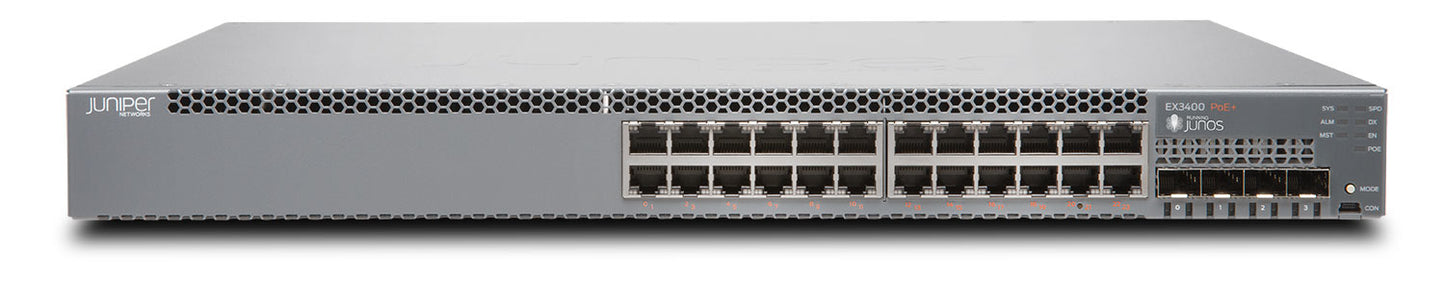 Juniper EX3400-24P | EX3400 Series 24 x 1GbE PoE+ Ports, 4x10G SFP+ Uplinks, 1U Switch
