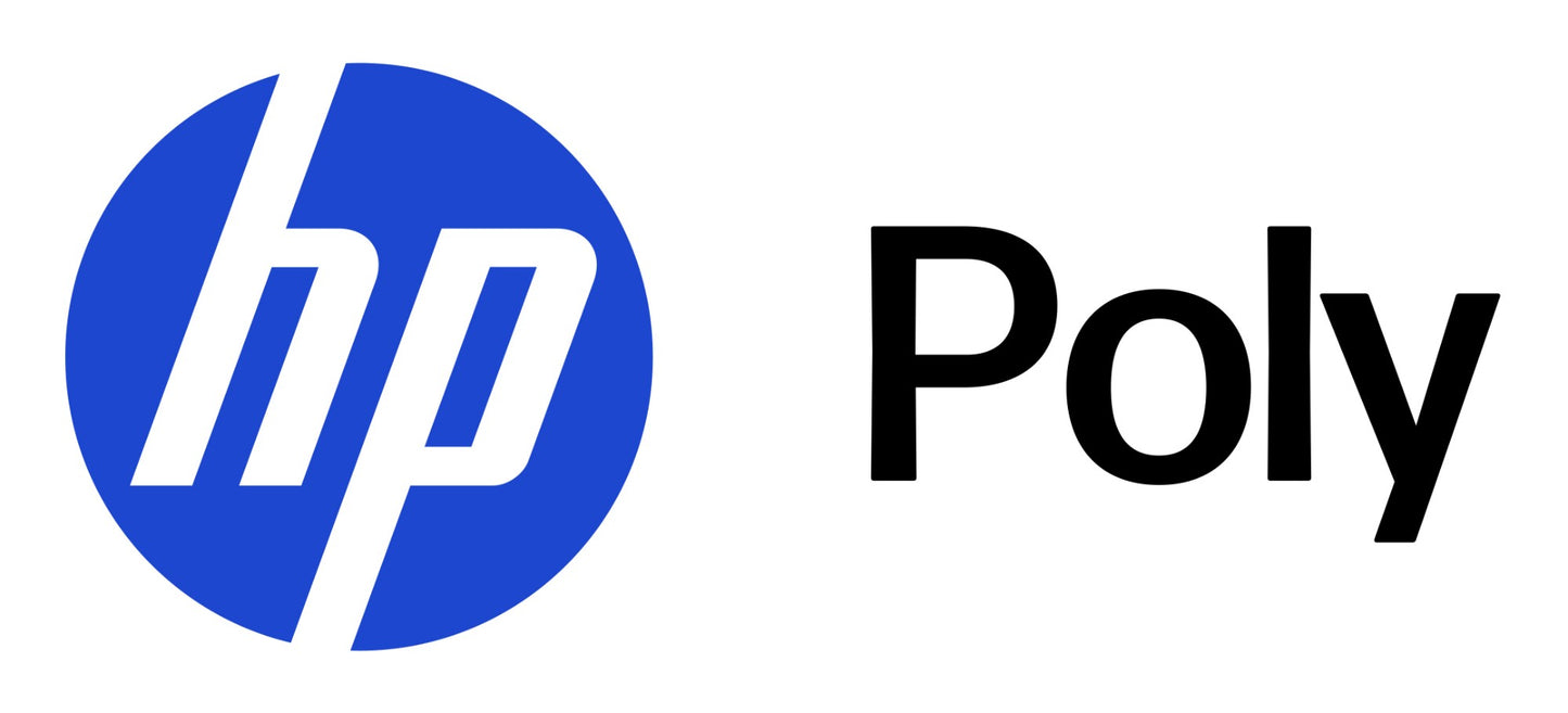 Hp poly logo with blue circular emblem and white hp lettering next to poly text on poly 26716-01 vista u10 qd cable product