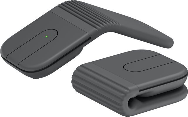 Gray plastic Logitech 910-007606 mobi fold ultra-portable wireless mouse with textured grip and green power indicator light