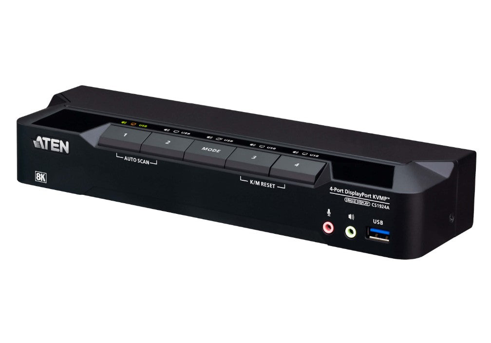 Black aten cs1924a-at-u 4-port displayport kvmp switch with labeled buttons and multiple connectivity ports backside view