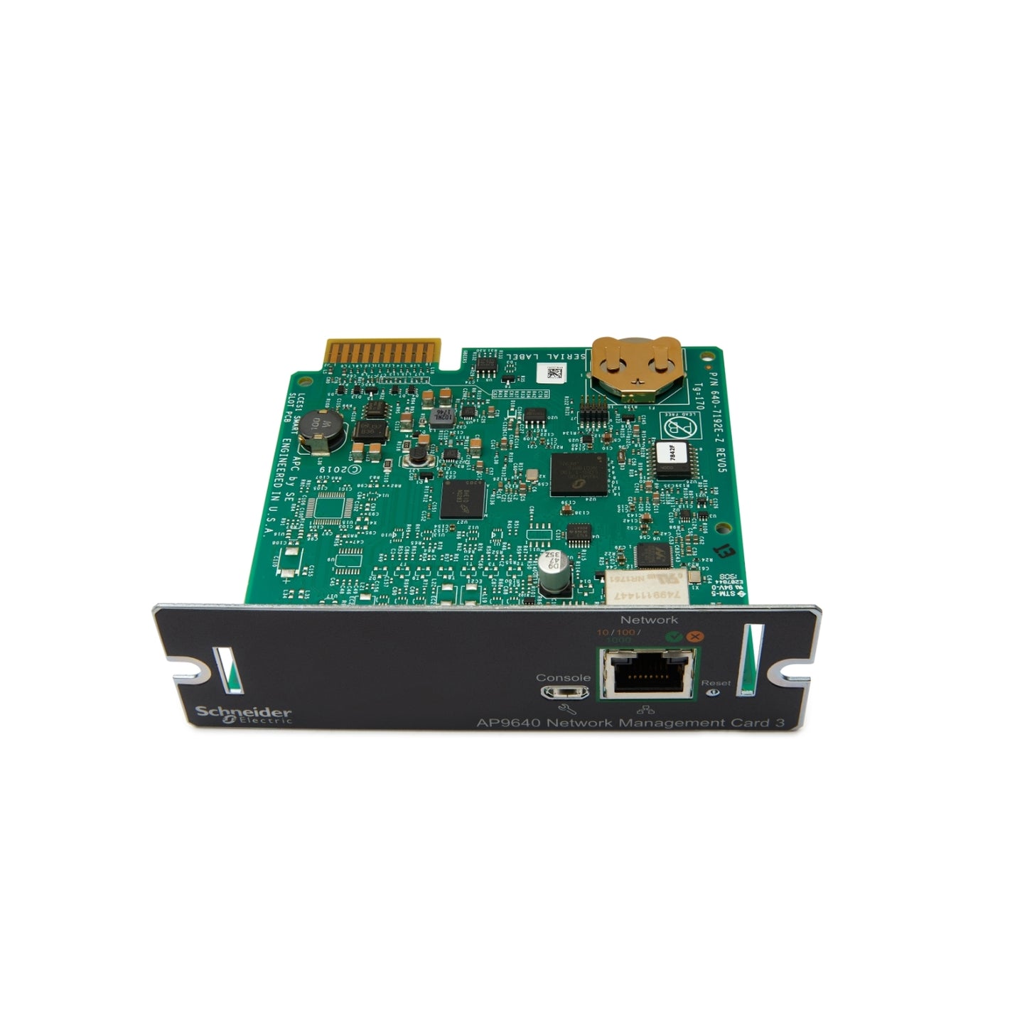APC AP9640 NMC3 network card with green circuit board and black bracket