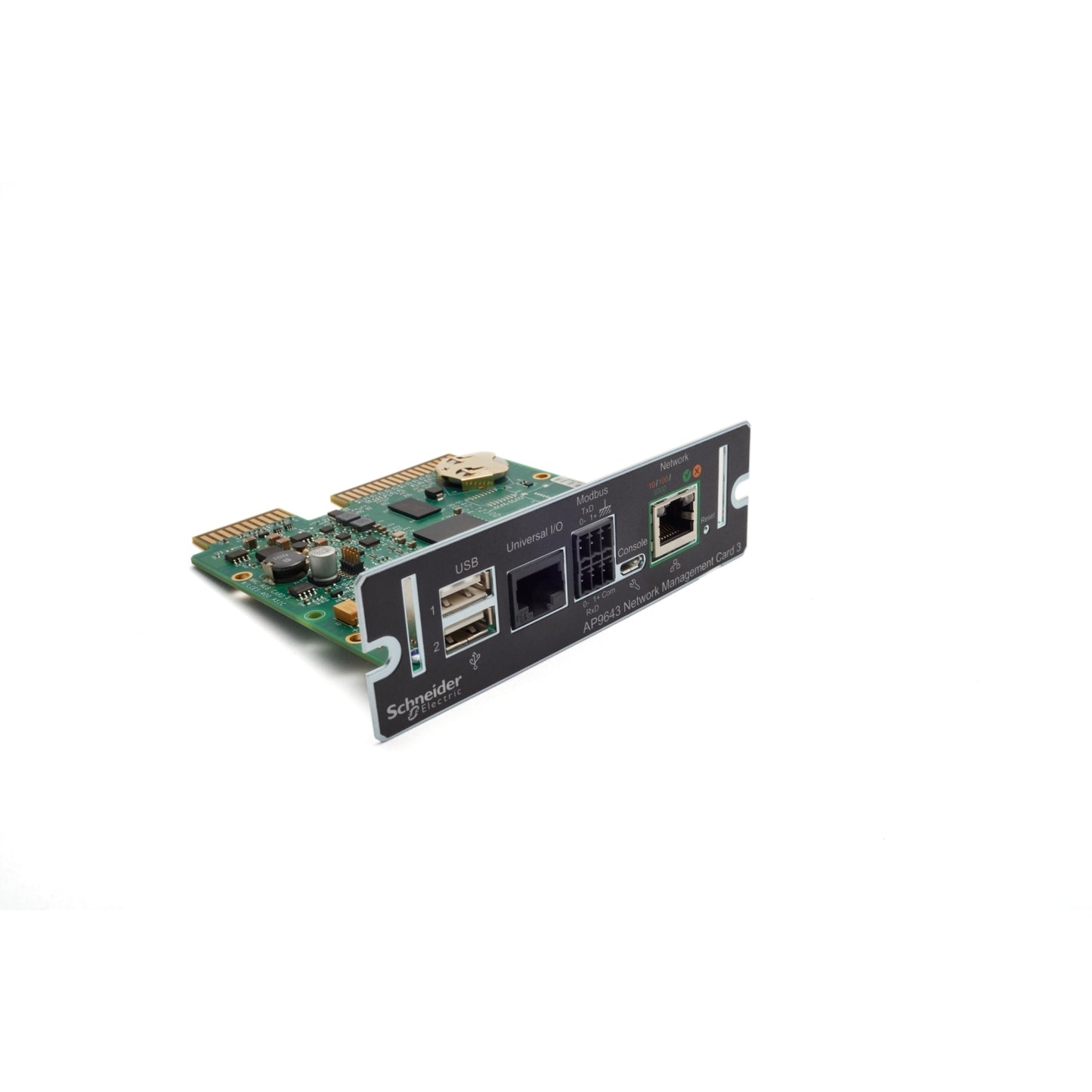 APC AP9643 NMC3 card with black panel, green PCB, USB, Ethernet ports