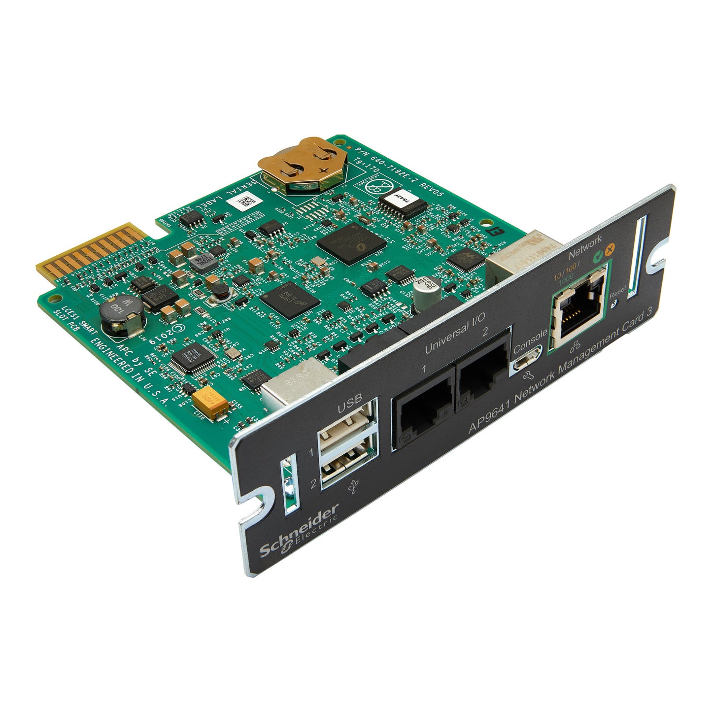 APC AP9641 NMC3 card with green PCB, black panel, USB, Ethernet ports