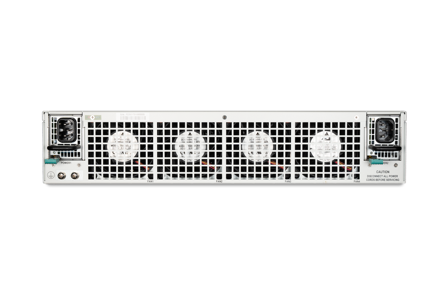 Back of Fortinet FortiGate-3401E server rack with fan vents and power ports
