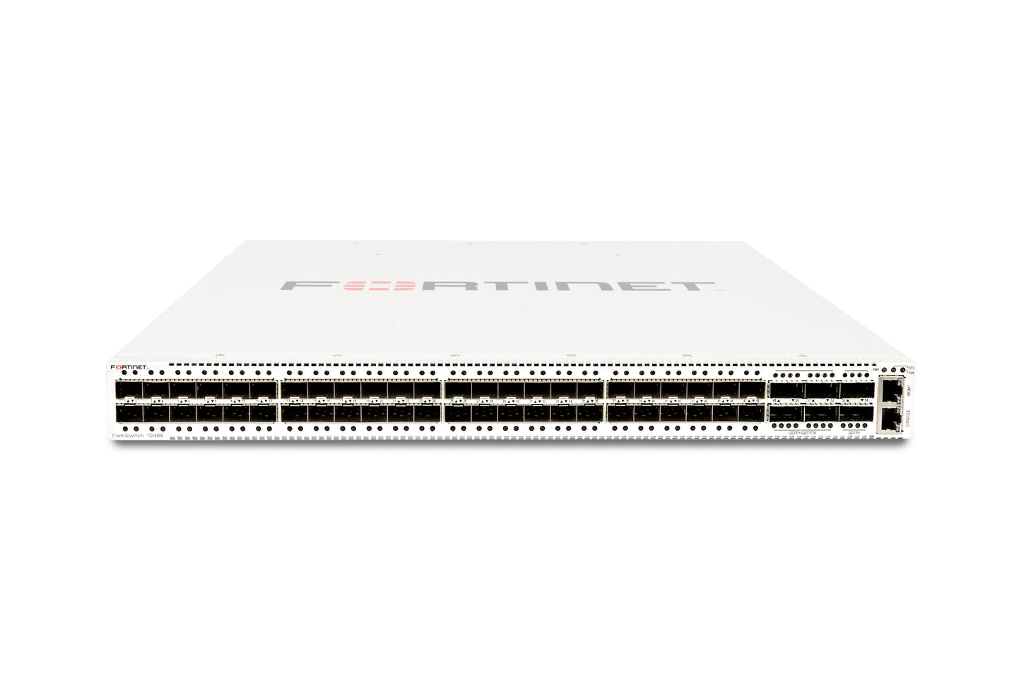 Fortinet FS-1048E white network switch with 48 GE/10GE ports and logo