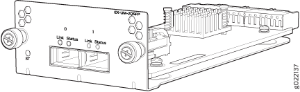 The juniper ex-um-0237 industrial network module is a compact rectangular device with two rj45 ports and status indicators