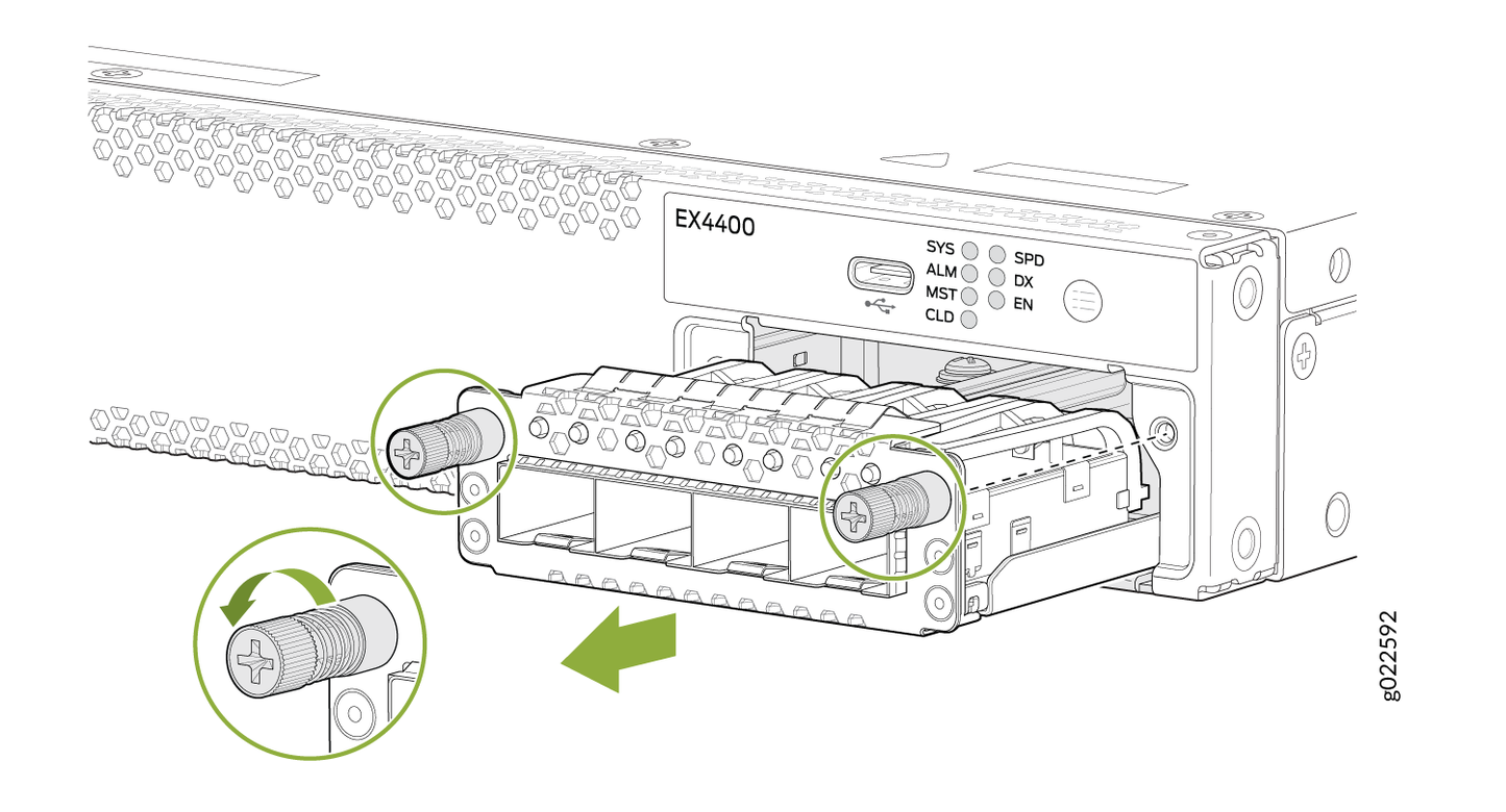 Juniper ex4400-em-4s network switch with hexagonal ventilation slots and labeled status indicators on the back side