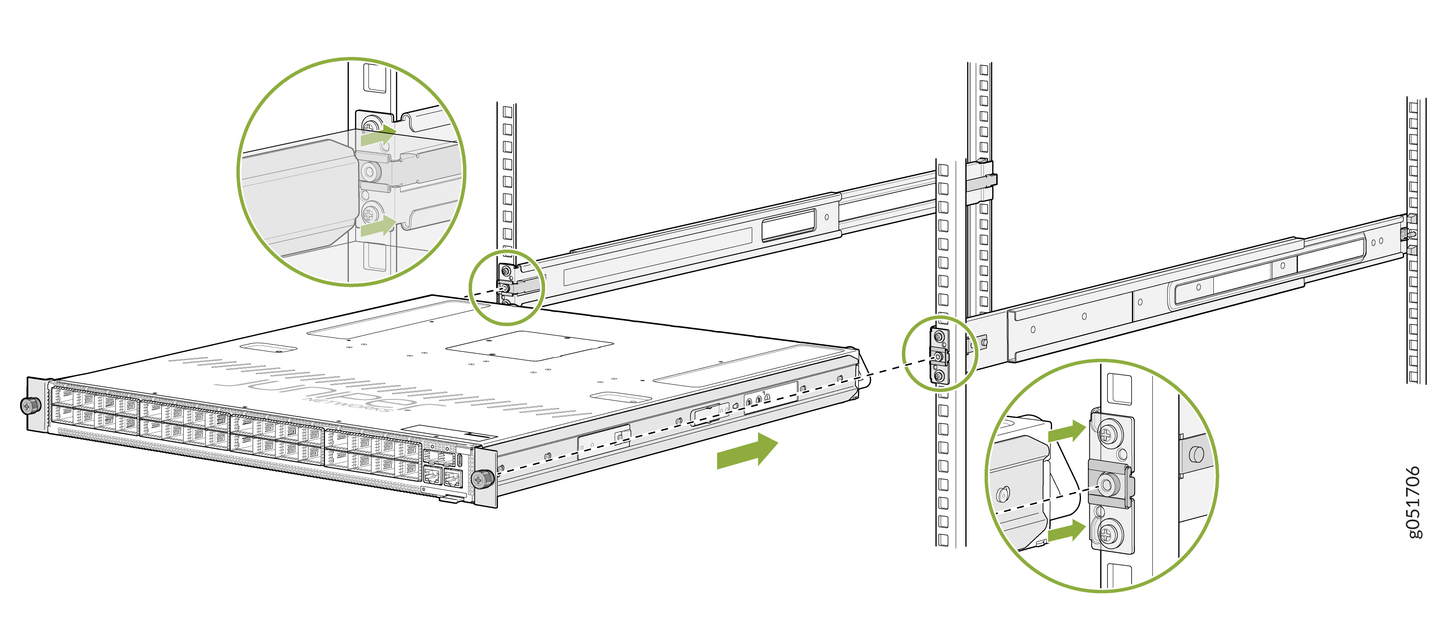 Silver-colored metal 4-post tool-less rack mount rails with integrated locking for Juniper QFX5241 1RU switch