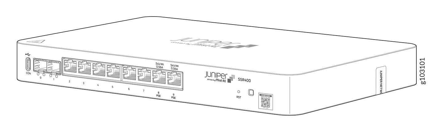 White juniper ssr400 session smart sd-wan router backside with multiple ethernet ports and qr code label
