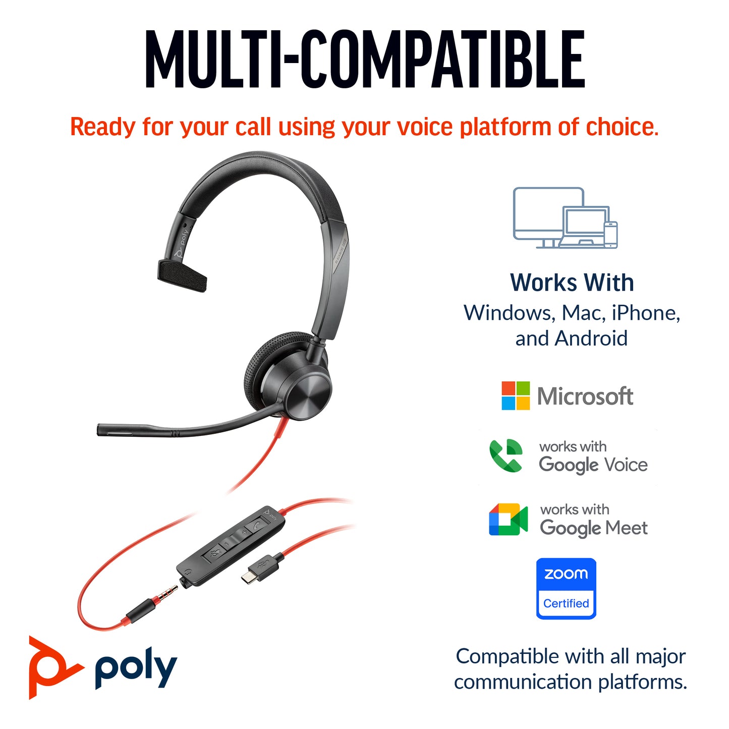 Poly 8X217AA | Blackwire 3315 UC Mono USB-C Headset with 3.5mm Jack & USB-A Adapter