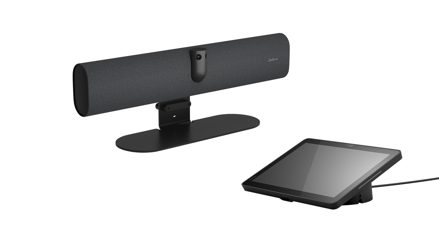 Jabra PanaCast 40 4K AI video bar with mic and speaker on stand by tablet