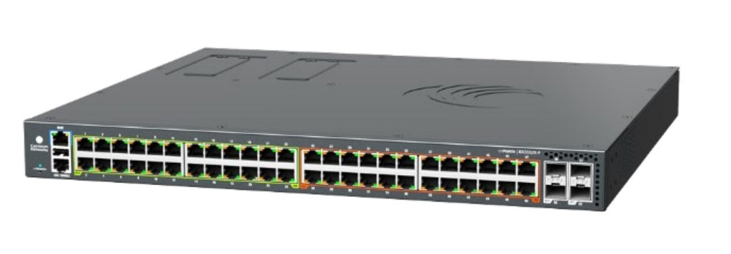 Black rectangular Cambium Networks cnMatrix EX3052R-P managed ethernet switch with 48 1GbE and 4 SFP+ ports back view