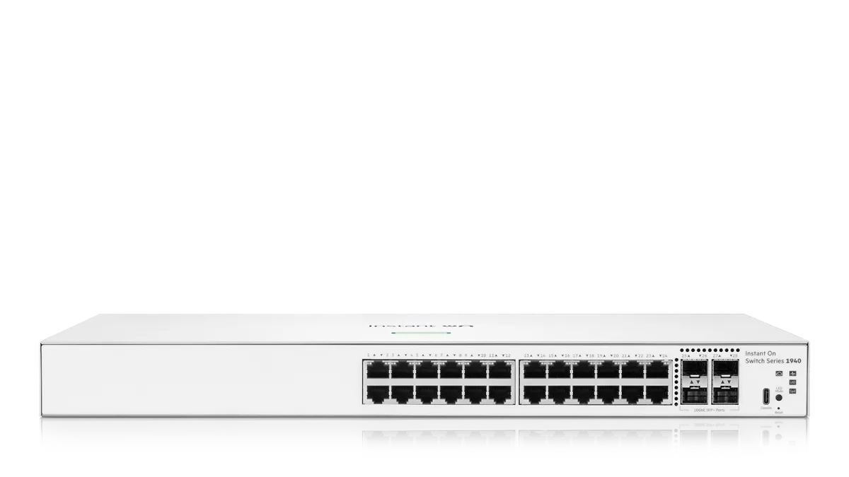 White rectangular Aruba Instant On S4A30A#ABG network switch with 24 gigabit ethernet ports and instant on switch series s950 label