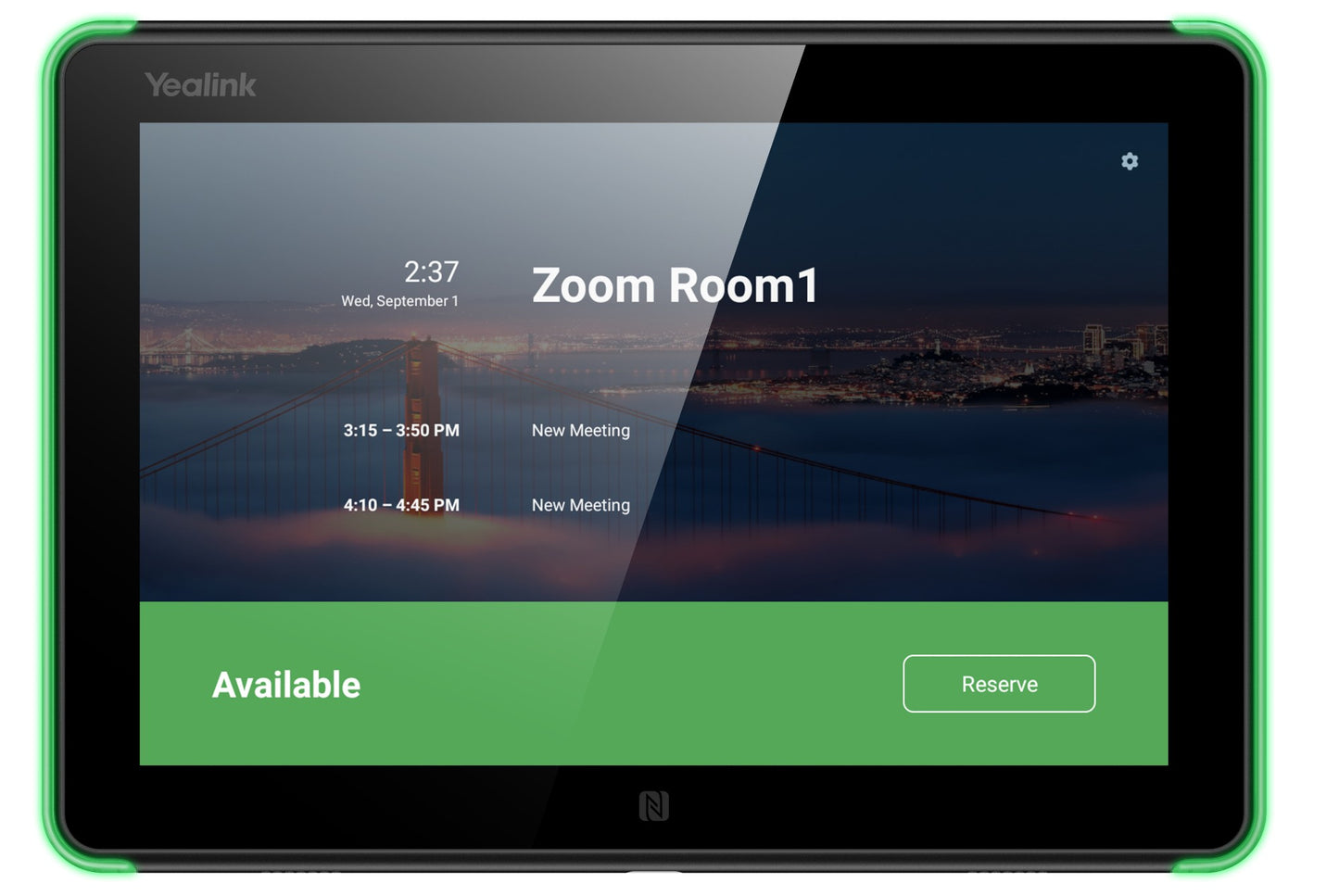 Yealink RoomPanel for Zoom with green frame showing available status