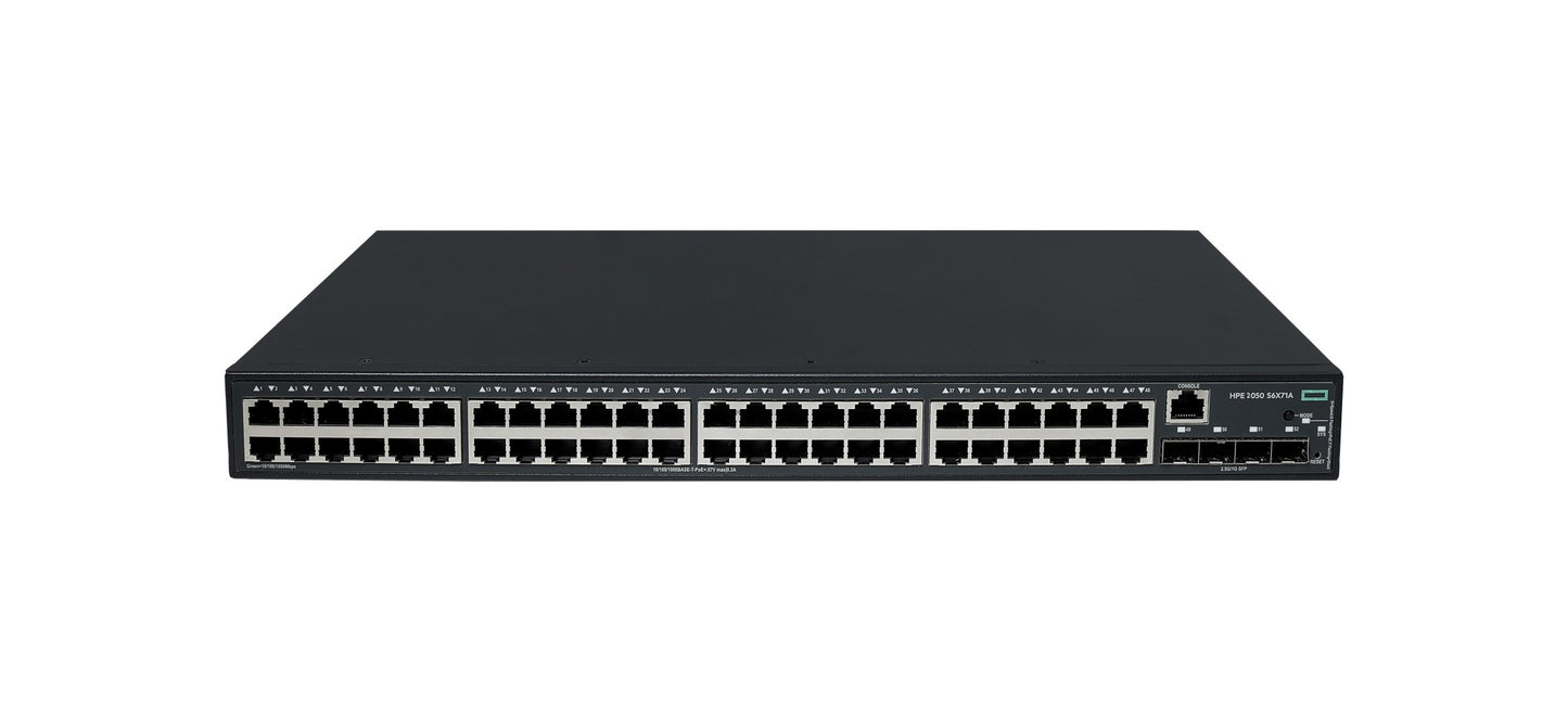 Black rectangular hpe s6x71a cw 2050 48-port gigabit poe+ switch with multiple ethernet ports and usb port on front panel