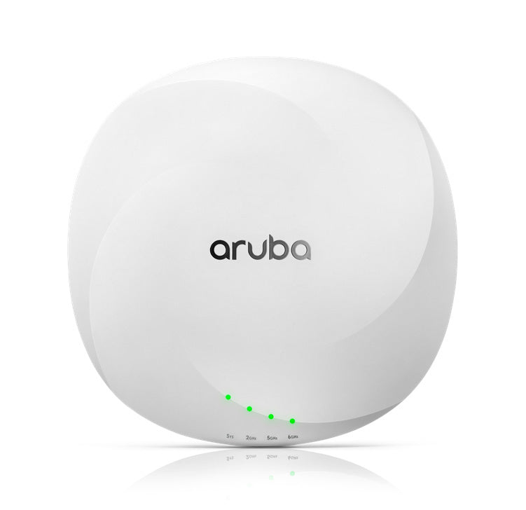 Aruba AP-655 Wi-Fi 6E access point with white rounded design and green LEDs