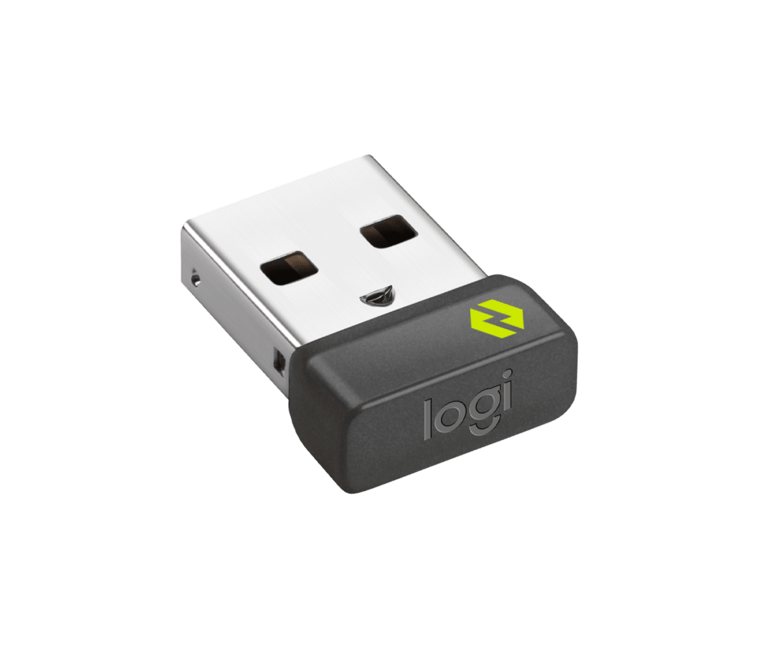 Logitech Logi Bolt USB-C receiver, sleek silver USB connector, matte black body