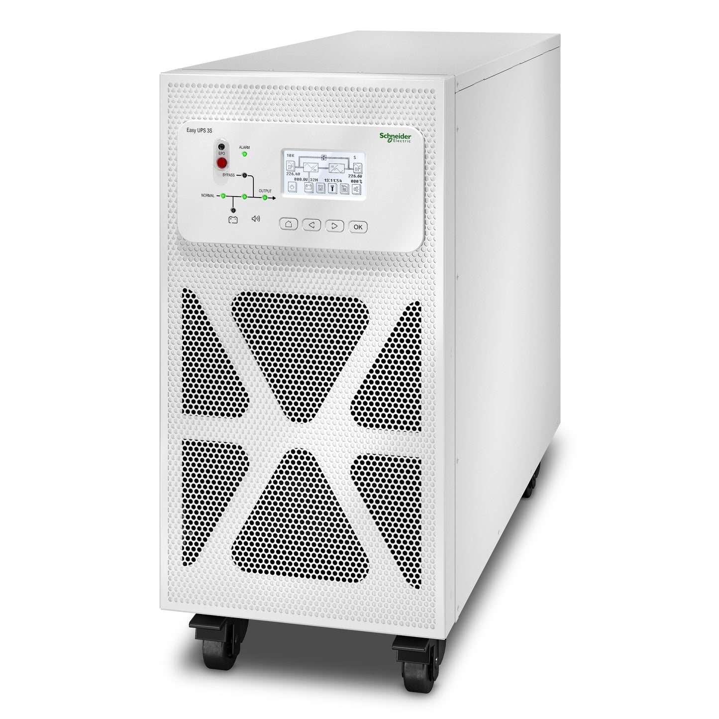 White Schneider Electric easy UPS 3S 10kVA tower UPS with perforated front panel and black caster wheels for 3-phase power
