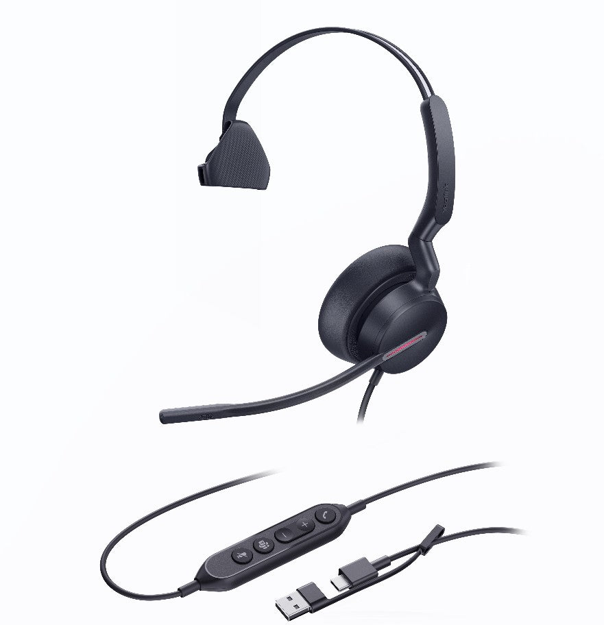 Yealink UH46-M-MS-C/A | Mono Teams USB-C/A Headset with 3 Noise-Canceling Mics