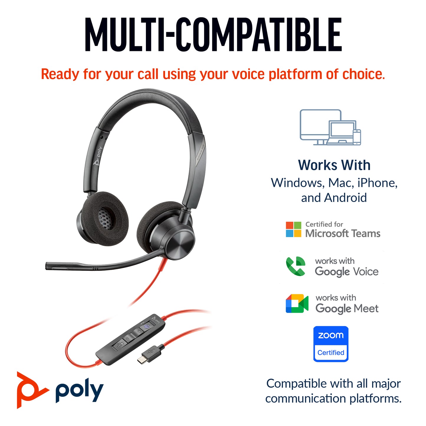 Poly 8X219AA | Blackwire 3320 Stereo USB-C Headset with USB-C/A Adapter