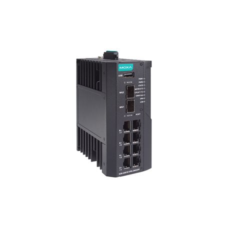 Moxa EDR-G9010-VPN-2MGSFP-CT black industrial router with teal logo and Ethernet ports