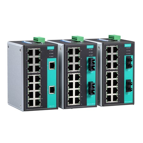 Moxa EDS-316-SS-SC-80 switch with black teal panels, Ethernet ports, green blocks