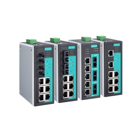 Moxa EDS-408A-3M-ST-T switch with sleek metallic chassis, teal panels, green caps