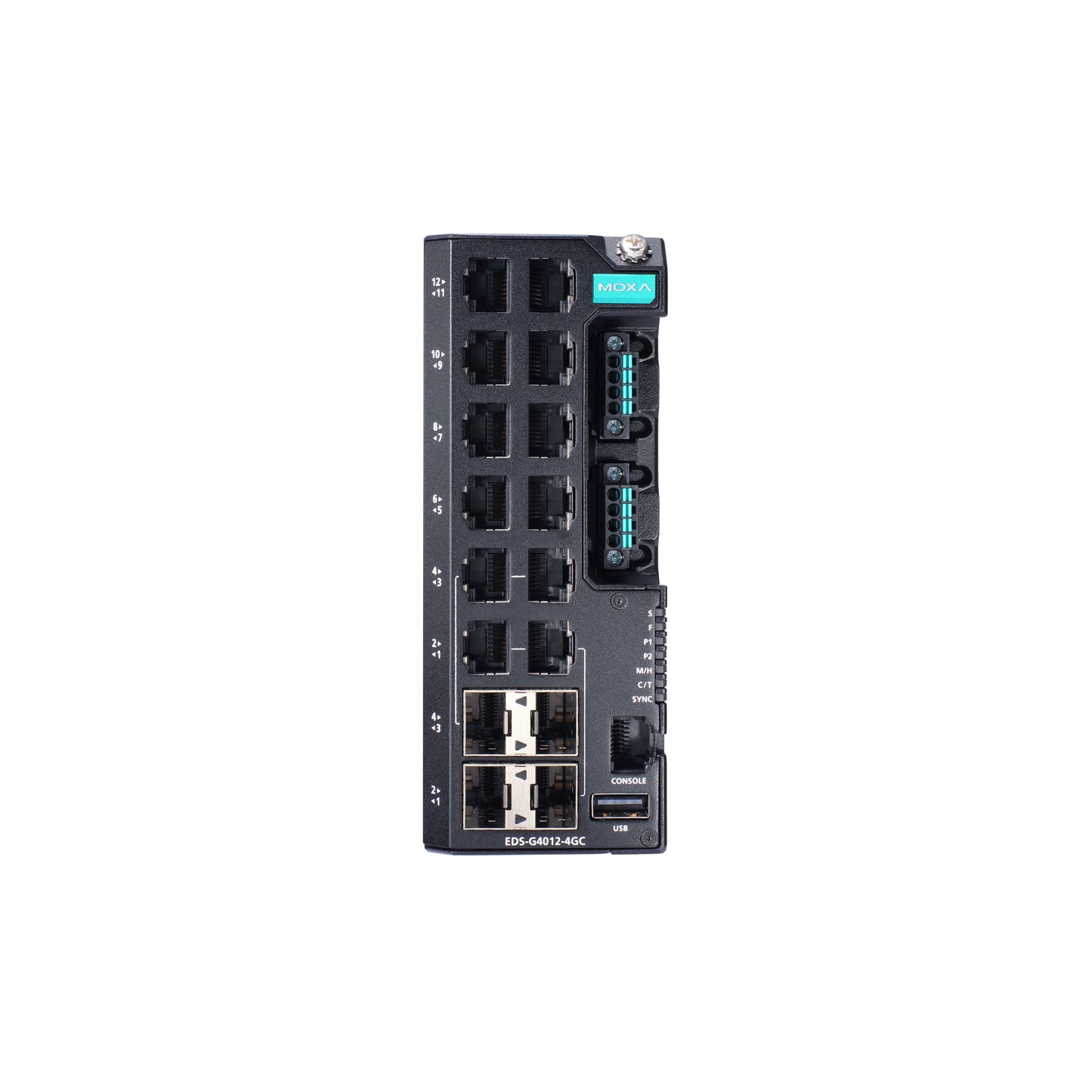 Moxa EDS-G4012-8P-4QGS-LVA-T Managed Full Gigabit Ethernet Switch With 8 10/100/1000Baset(X) Ports With 802.3Bt Poe, 4 1000/2500Basesfp Ports, Dual Power Supply 12/24/48 Vdc, 48 Vdc For Poe, -40 To 75 C Operating Temperature