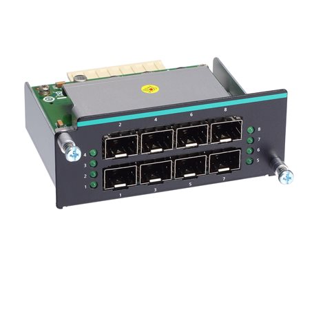 Moxa IM-6700A-8SFP module with 8 SFP ports, black switch, teal stripe