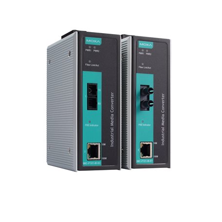 Moxa IMC-P101-M-ST-T | PoE Industrial 10/100BaseT(X) to 100BaseFX Media Converter, Multi-Mode ST Connector, -40 to 75°C, Ethernet-to-Fiber