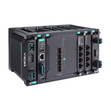 Moxa MDS-G4012-L3-4XGS-T black Layer 3 switch with teal lights, 10G SFP+ ports