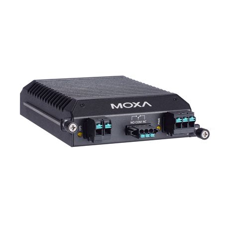 Moxa PWR-HV-P48-A black industrial switch with blue-lit ports, ribbed top