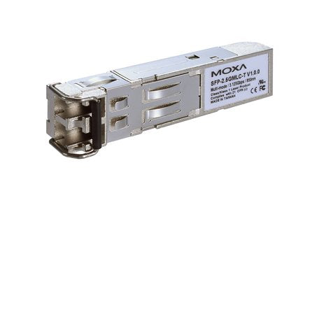 Silver Moxa SFP-2.5GSLC-T 2.5G SFP module with LC connector, side labels