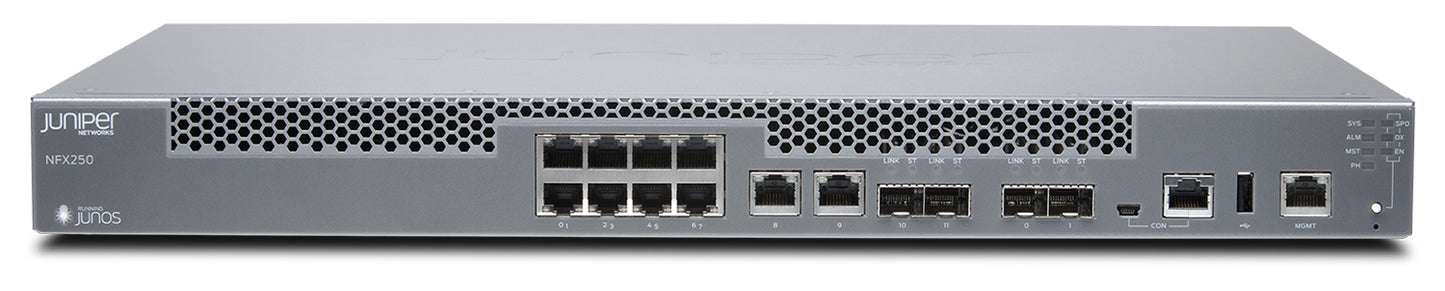 Juniper NFX250-S1E | NFX250 Series 10 x 1GbE Ports, 2 x 1GbE SFP Ports, 2 x 10GbE SFP+ Ports, 6-Core Processor, 200GB SSD