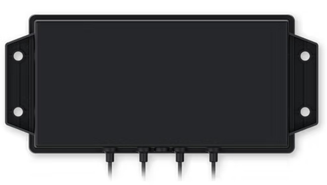 Black rectangular teltonika pr1kc540 5g mimo antenna with four cables and mounting brackets shown from back side