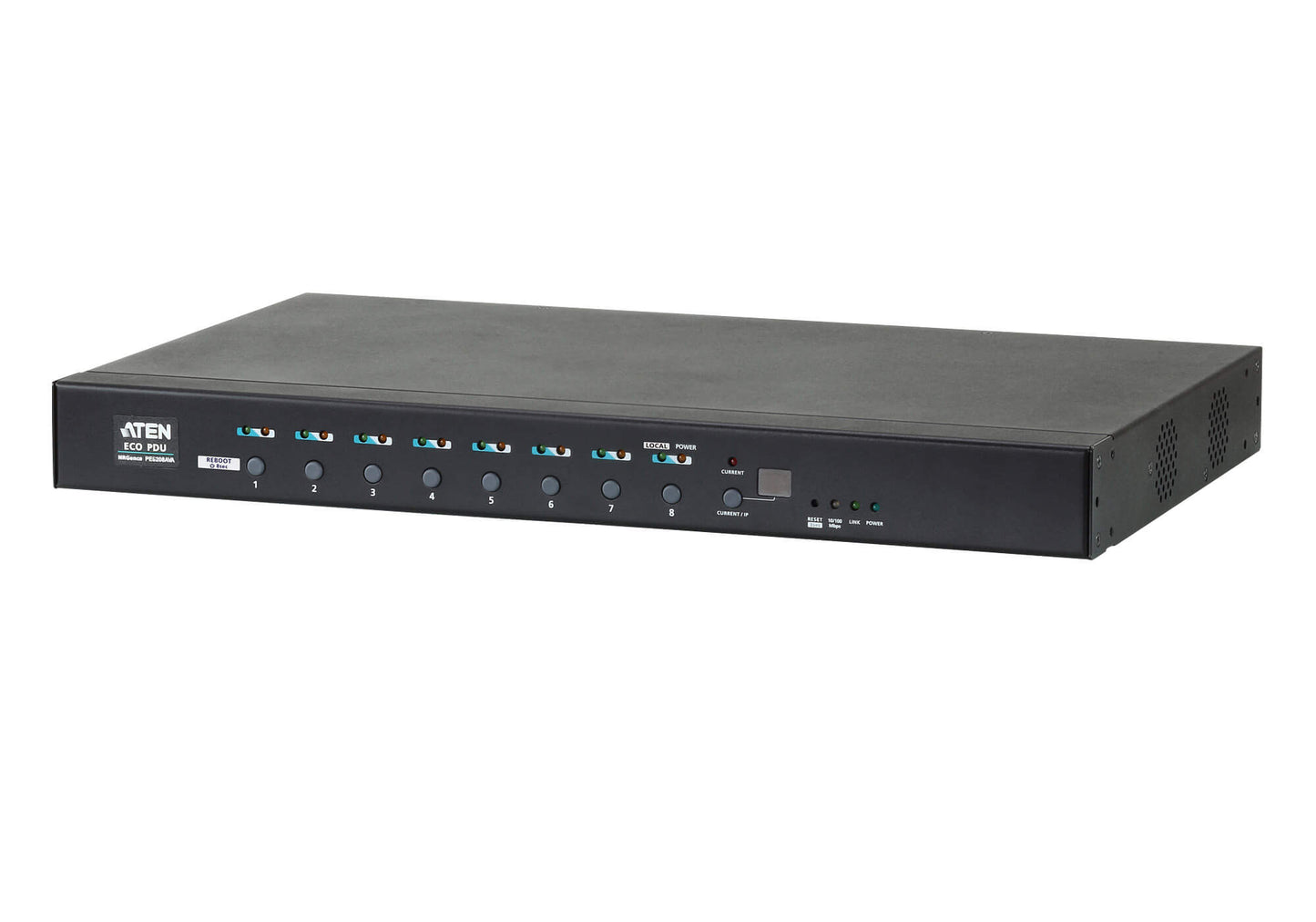 Black aten pe6208av-ATB-G eco-psu 8-port rack pdu with blue led indicators and labeled metered switched outlets