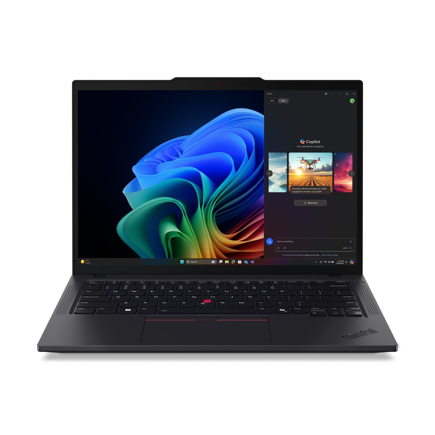 Black Lenovo ThinkPad T14 Gen 6 AMD laptop with red TrackPoint