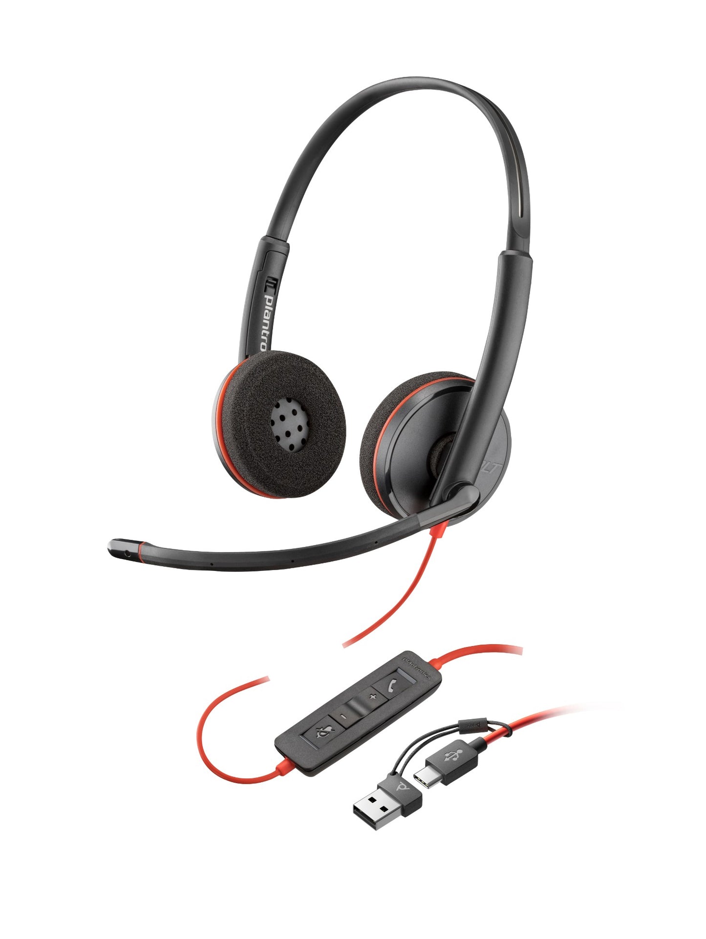 Black and red plantronics hp 80s01aa blackwire 3210 monaural usb-a wired headset with flexible mic and padded earcups