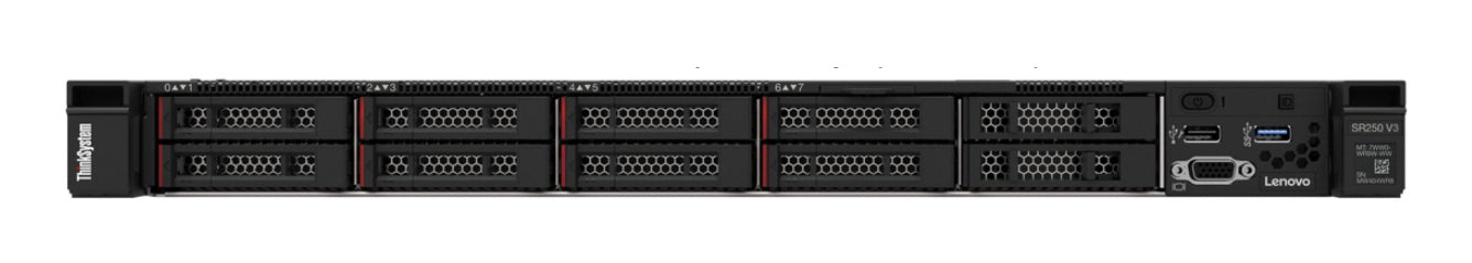 Black lenovo thinksystem sr250 v3 1u rack server with xeon e-2468 32gb and multiple drive bays and ports visible