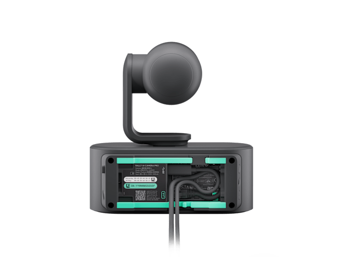 Black and teal dji osmo action camera with matte finish and spherical top mount shown with Logitech rally ai camera pro ptz 4k 15x zoom