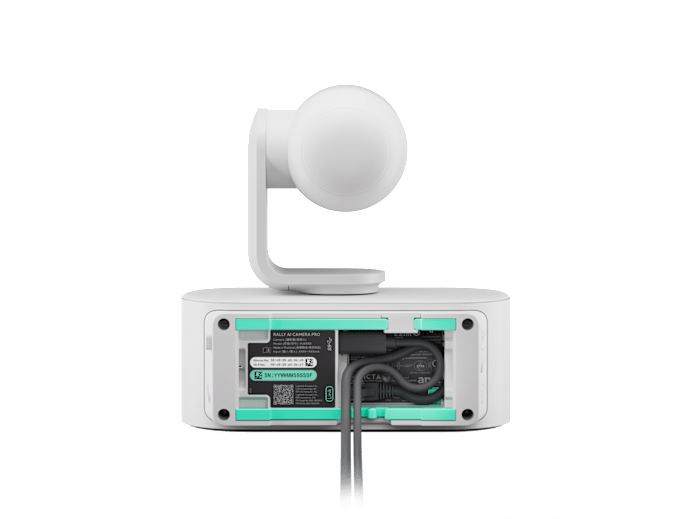 White spherical logitech rally ai camera pro with 4k ptz 15x zoom on a sleek white base with teal trim and wiring visible