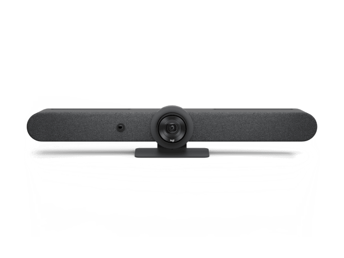 Logitech Rally Bar 2 all-in-one video conferencing bar in graphite with a black matte finish webcam and central lens on a stand