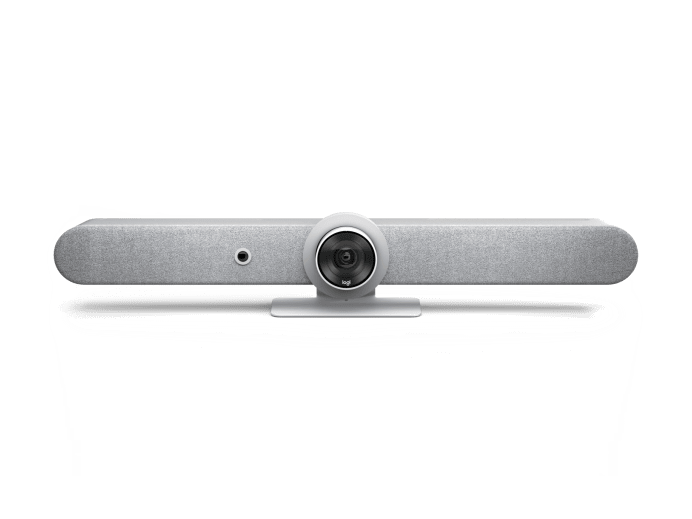 Logitech Rally Bar 2 all-in-one off white video bar with gray fabric cover, ai ptz camera, and microphone array