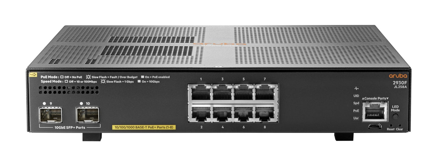 Aruba JL258A#ABG | 2930F 8G PoE+ 2SFP+ L3 Managed Switch, 1U, Grey