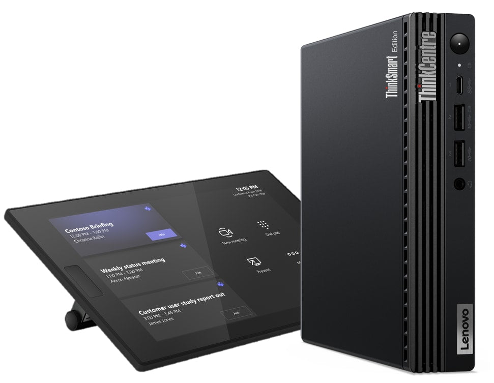 Black lenovo thinkcentre thinksmart tiny kit mtr desktop with vertical ventilation slits and minimalist design front view