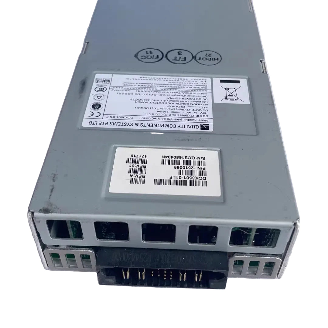 Gray metal 350w dc power supply unit with black connector and white label stickers for Aruba 7200 series controllers