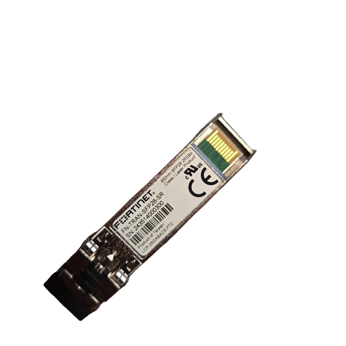 Fortinet FN-TRAN-SFP28-LR SFP28 transceiver with metallic housing and green circuitry