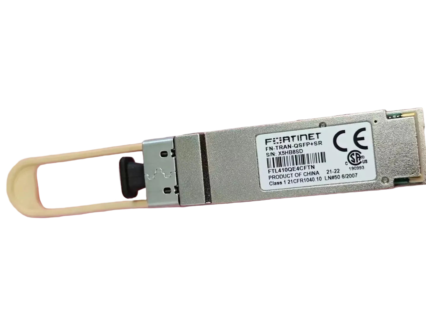 Fortinet FN-TRAN-QSFP+SR 40GE QSFP+ SR transceiver with silver housing