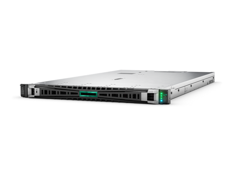 HPE ProLiant DL360 Gen12 silver server rack with green LED indicators