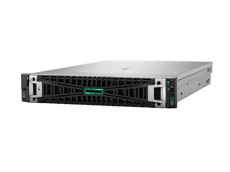HPE ProLiant DL380 Gen12 server with silver chassis, black front panel, green LEDs